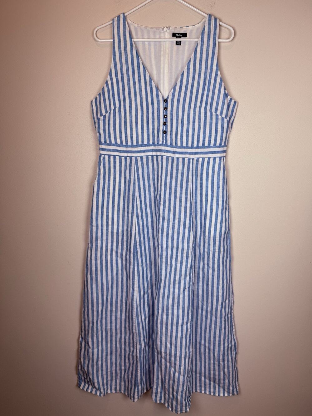 HATLEY 100% Linen Isla Maxi Dress French Blue Stripes Sleeveless V-neck Sz L